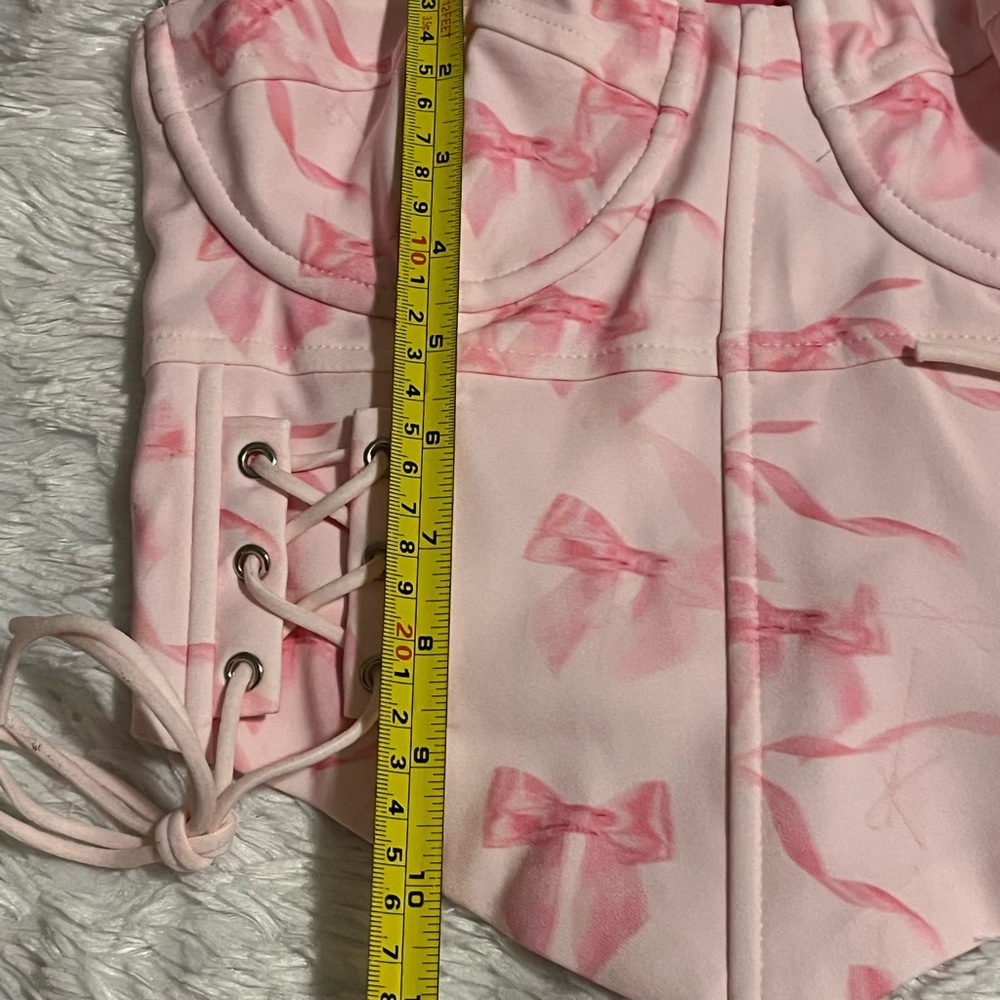 EDIKTED Pink Bow Print Lace Up Halter Corset Style Crop Top Size S - Picture 9 of 13